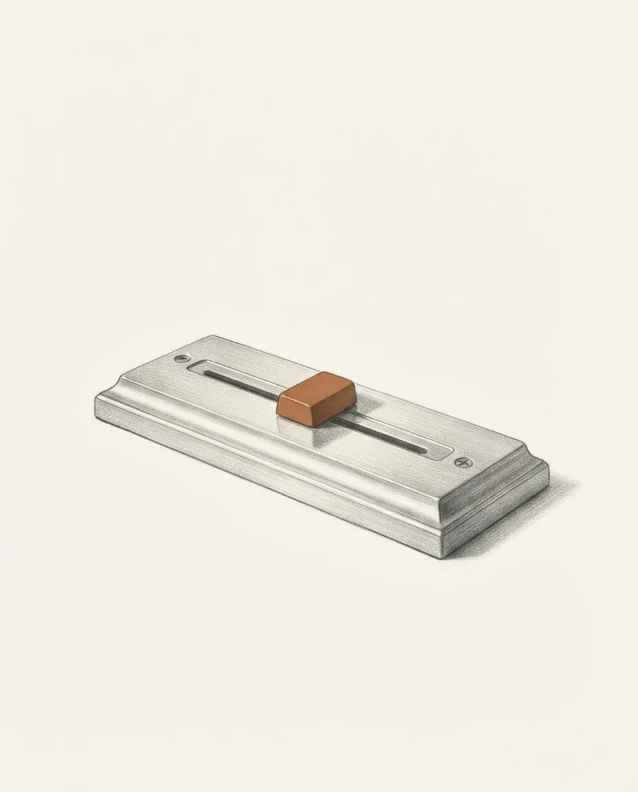 A graphite drawing of a dimmer plate lying flat, its slider set about a third of the way along an unnumbered track, the sliding block clay-coloured.