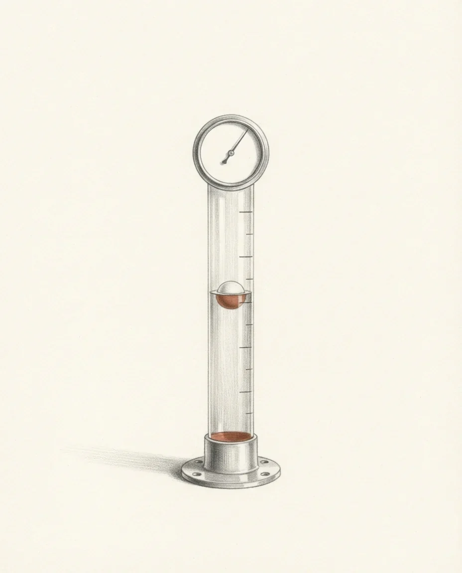 A graphite drawing of a free-standing tide gauge on a flanged base, its glass column marked with a scale and the float resting mid-way, the water in the tube clay-coloured.