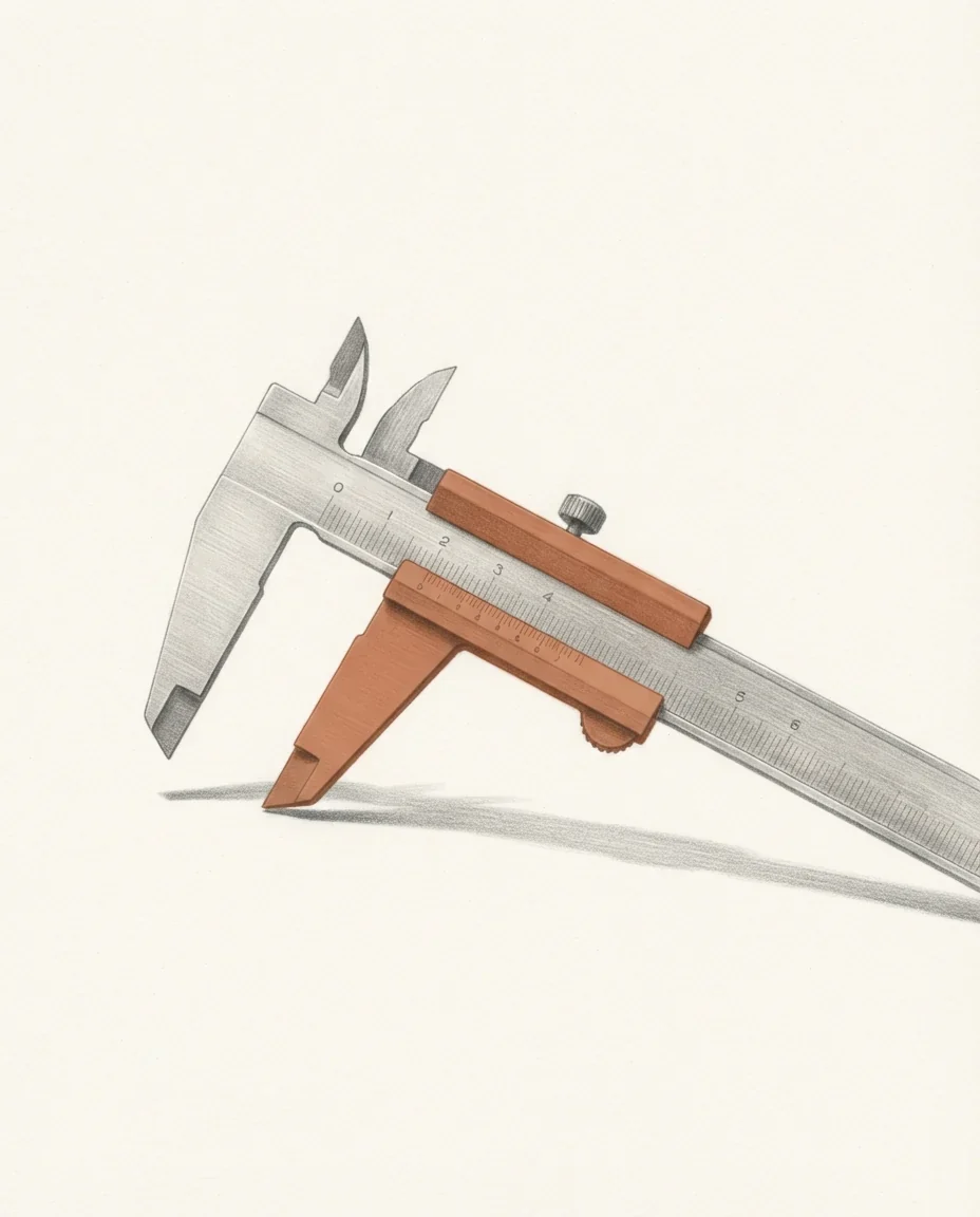 An open vernier caliper lying at an angle, its sliding jaw in clay red, drawn in graphite.
