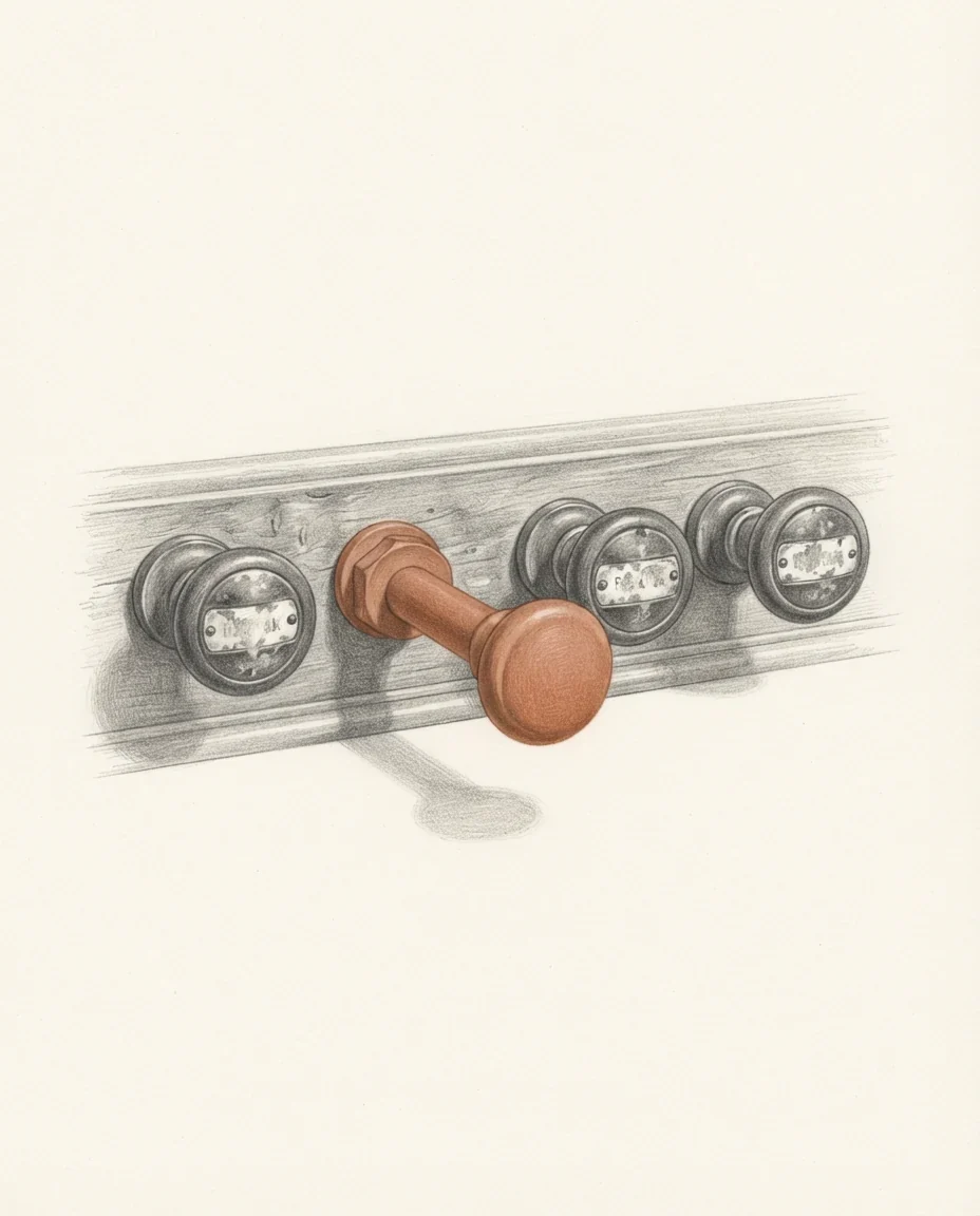 One organ stop pulled out in clay red beside three others left in, their labels worn illegible, drawn in graphite.