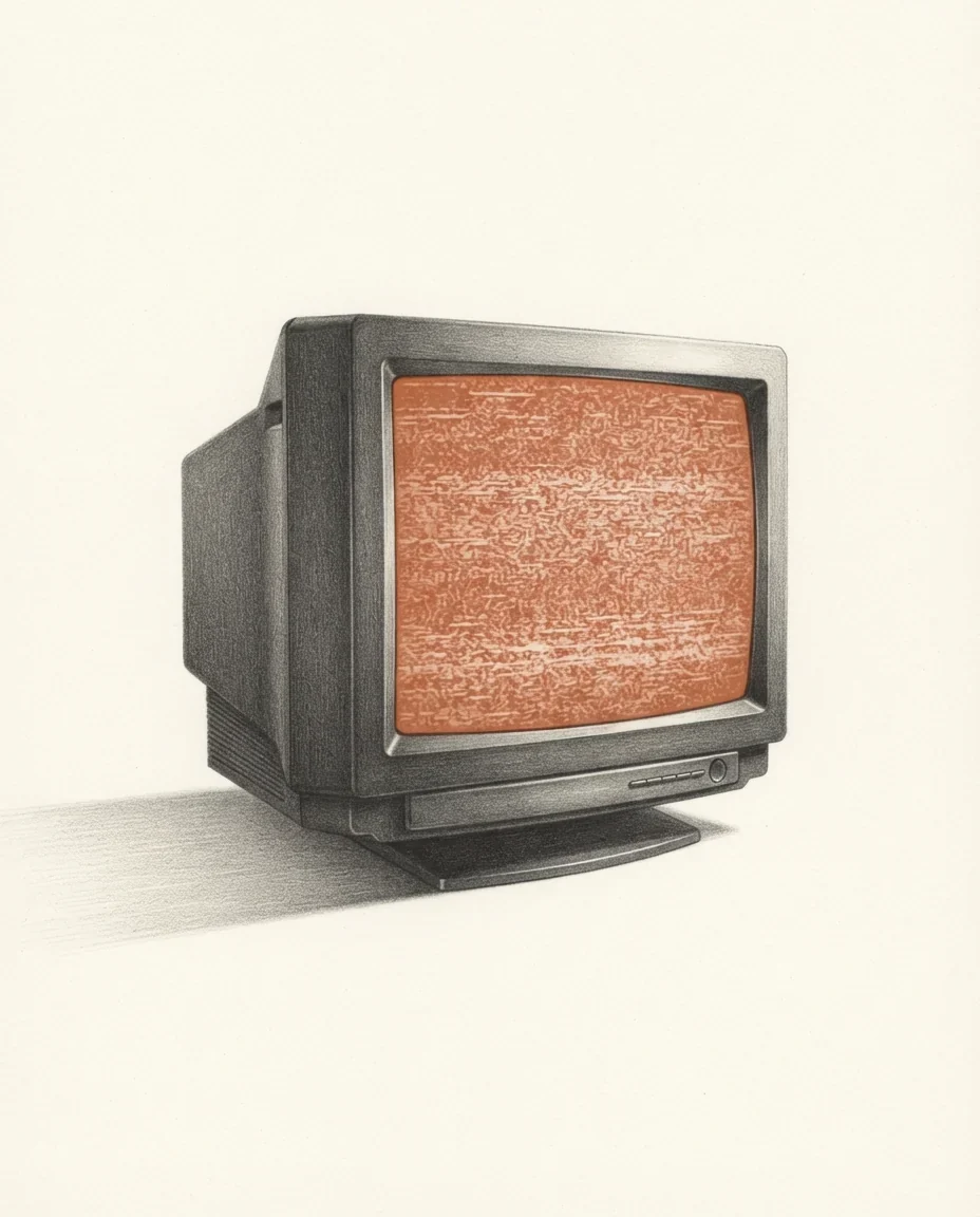 A cathode ray monitor showing untuned static, the screen glowing clay red, drawn in graphite.