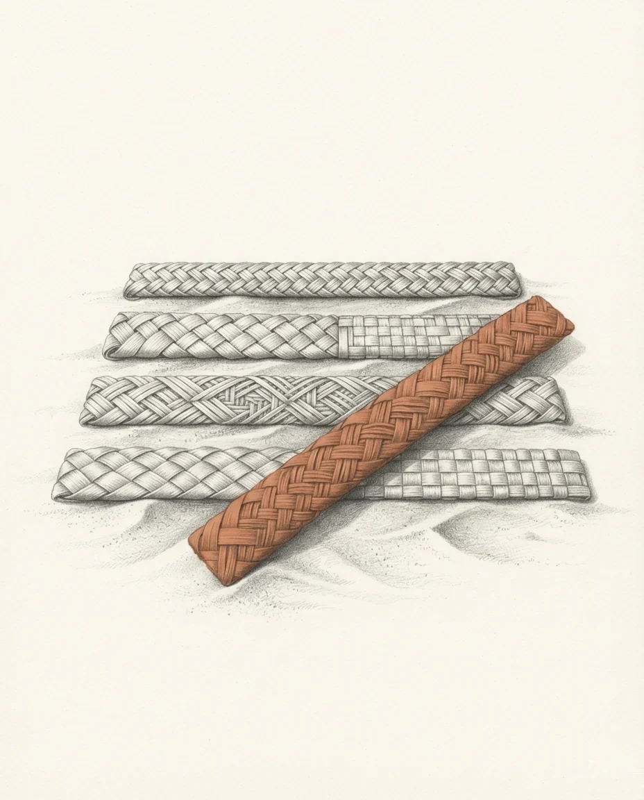 Five lengths of woven pandanus laid parallel on sand, each a different weave, the one turned across the others in clay red, drawn in graphite.