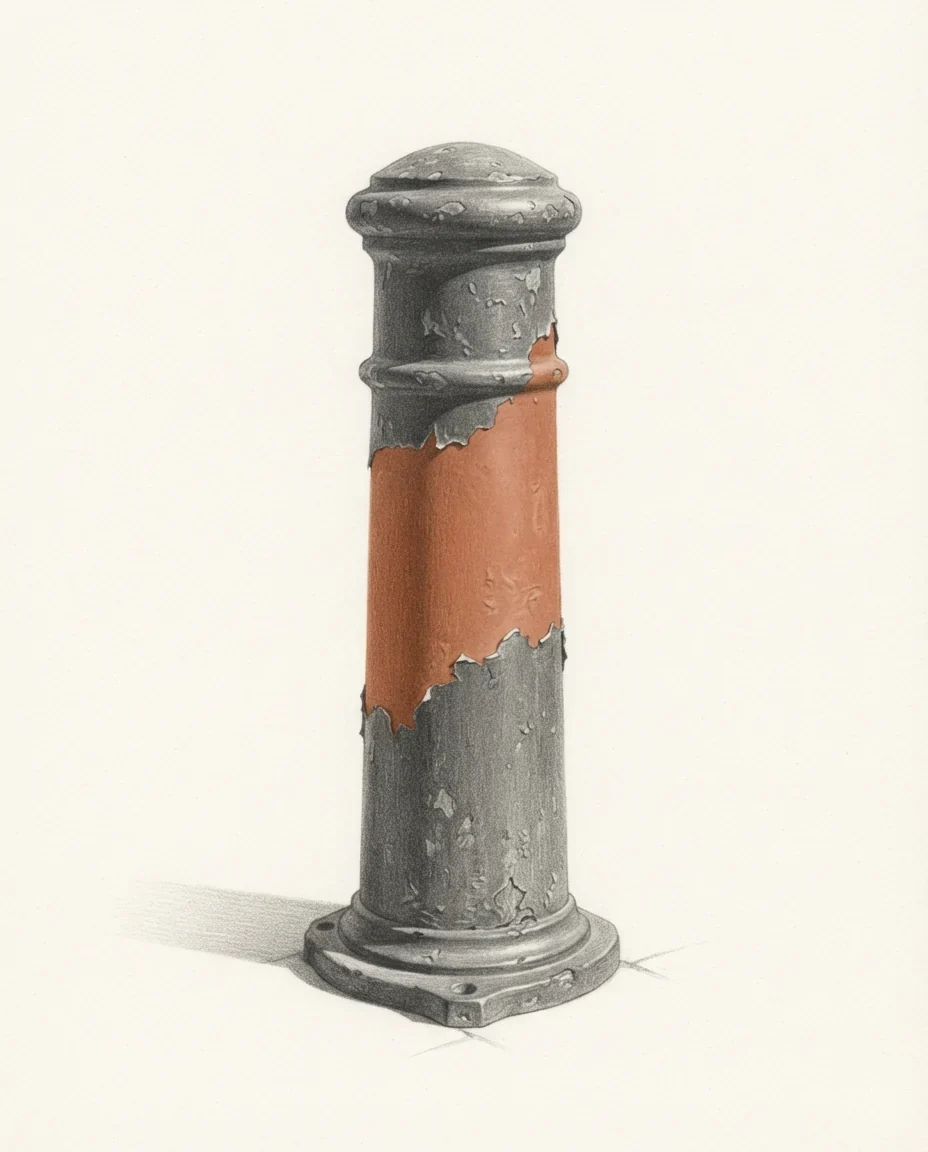 A cast iron street bollard under two coats of paint, the older coat showing through in clay red across a broad band where the newer one has worn away, drawn in graphite.