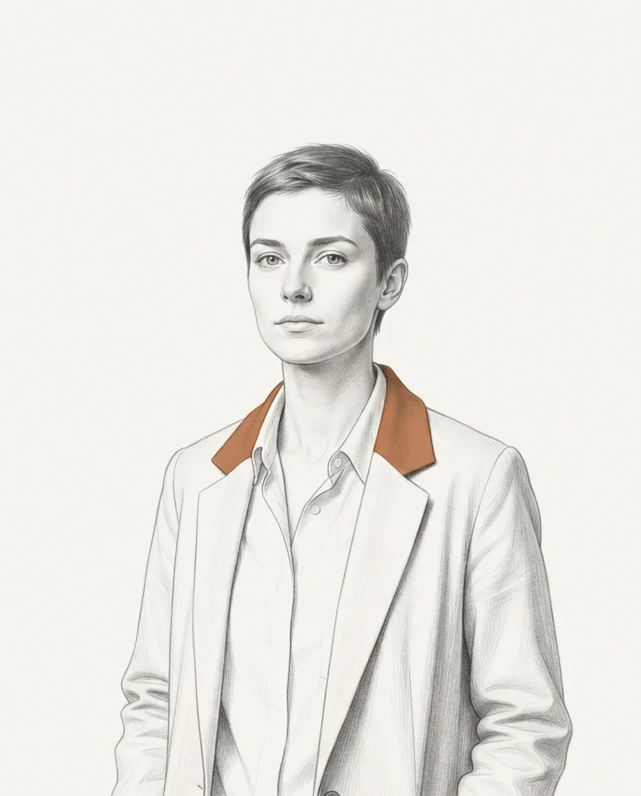 A graphite portrait study of a young adult with a short androgynous haircut, in an open-collared shirt under a light jacket, the jacket collar a single clay-coloured note against warm white.
