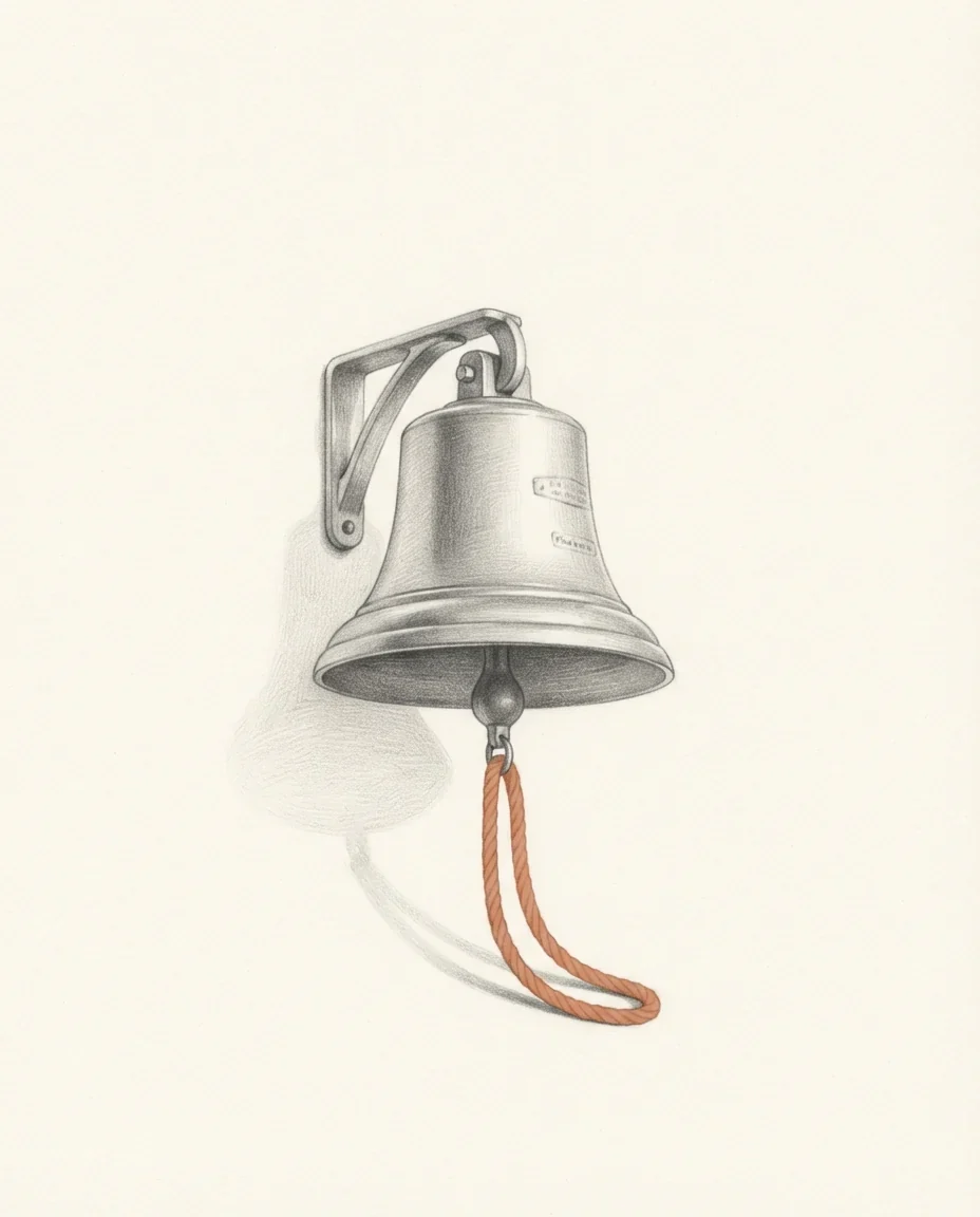 A wall-mounted bell hanging still, its pull rope in clay red, drawn in graphite.