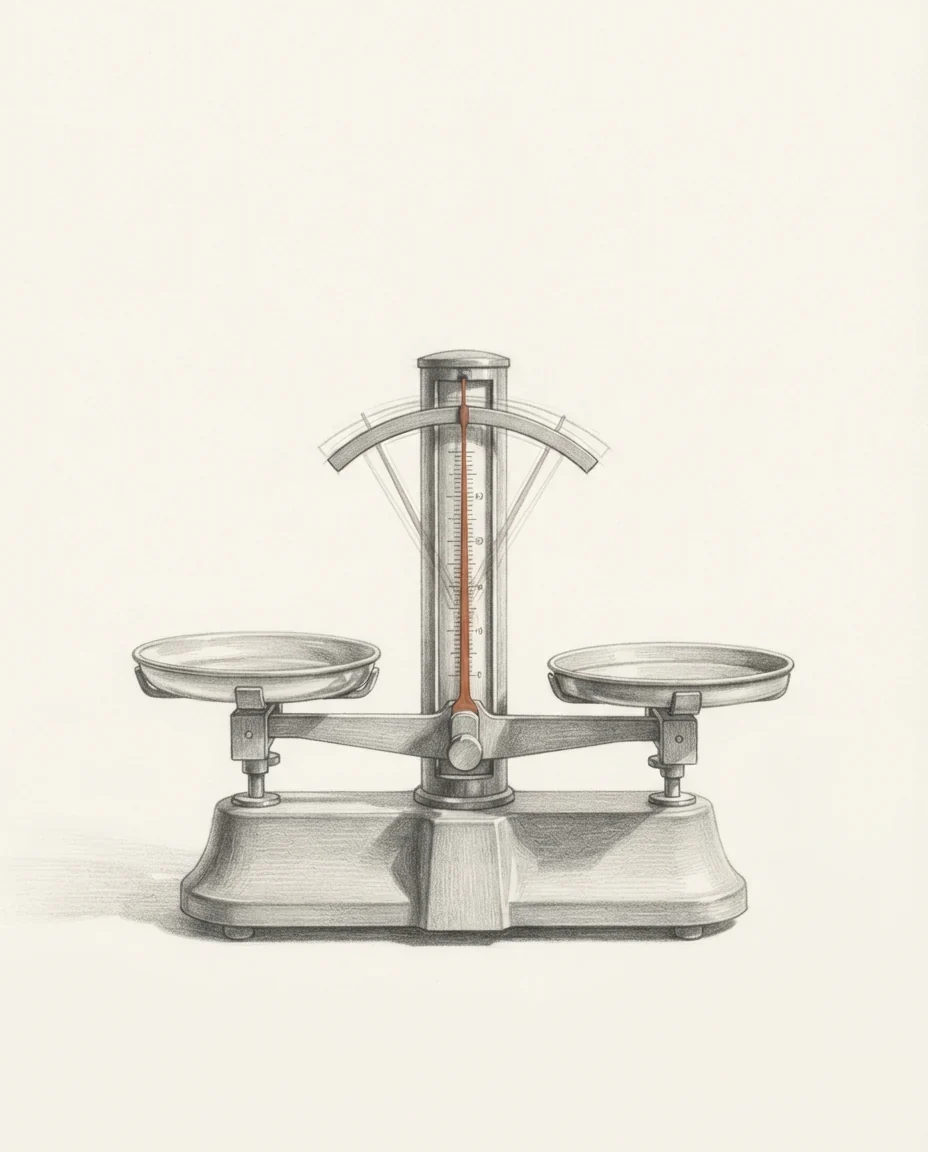 A laboratory balance at rest with both pans empty, its needle in clay red trembling across a graduated scale, drawn in graphite.