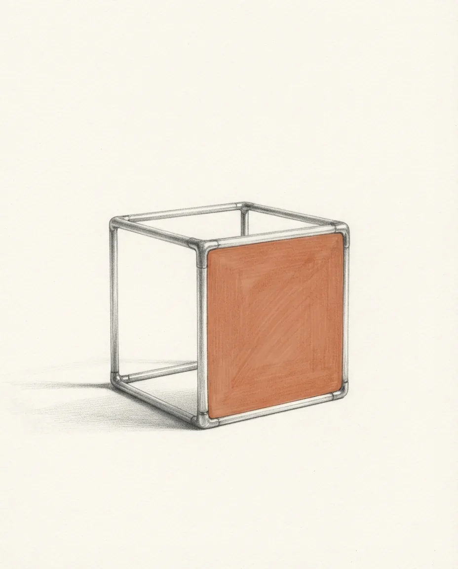 A graphite study of a wire cube standing on a workbench, its edges soldered at the corners, the front face filled as a single clay-coloured note against warm white.