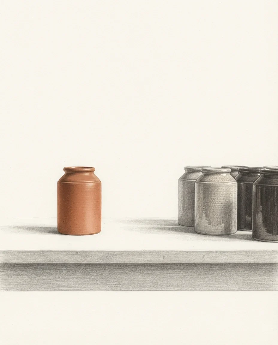 A graphite study of a single stoneware jar standing alone at one end of a workbench, well clear of a line of jars in two matching glazes, the lone jar a single clay-coloured note against warm white.