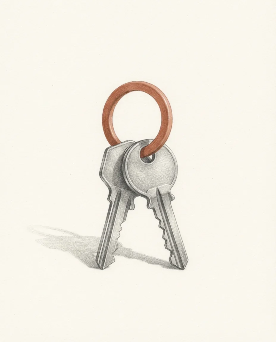 A graphite study of two keys of different cut hanging together on a single ring, the ring a single clay-coloured note against warm white.