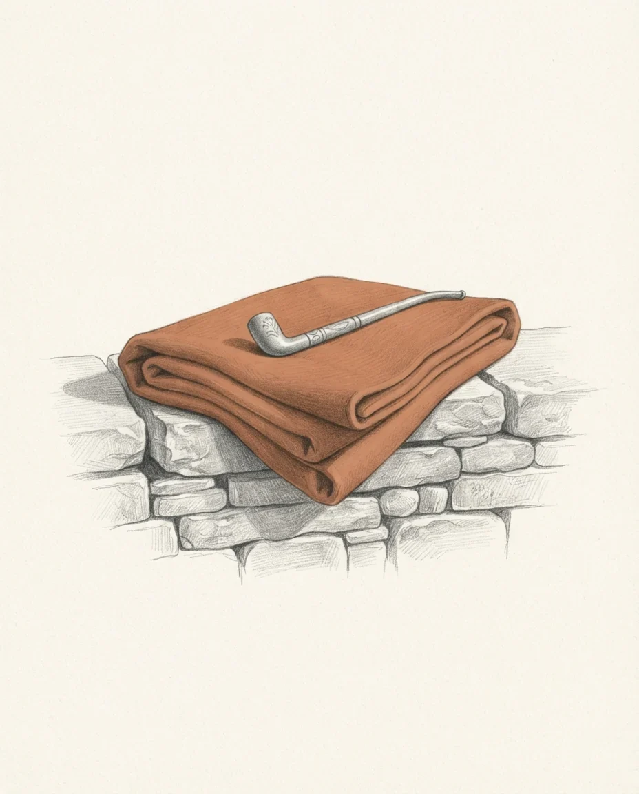 A graphite study of a heavy woollen shepherd's cloak folded over a low drystone wall with a carved pipe laid across it, the cloak a single clay-coloured note against warm white.