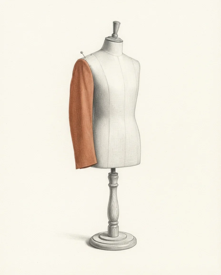 A tailor's dummy on a turned wooden stand, one jacket sleeve in clay red pinned at the shoulder and the rest of the form left bare, drawn in graphite.