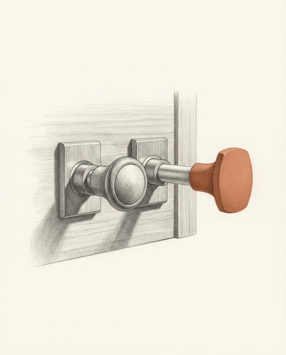 Two organ stops on one console, the left pushed fully home and the right drawn halfway out on a clay-red knob, drawn in graphite.