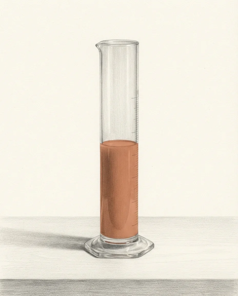 A tall glass measuring cylinder on a workbench, filled part of the way up with a clay-red liquid whose surface is level and still, drawn in graphite.