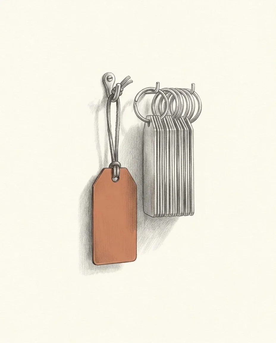 A blank unmarked tag in clay red hanging on a leather cord from a workshop hook, beside a row of identical steel tags hung edge-on, drawn in graphite.