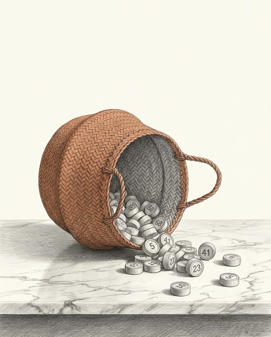 A clay red woven straw tombola basket tipped on its side on a marble tabletop, wooden numbered tokens spilling from it, drawn in graphite.