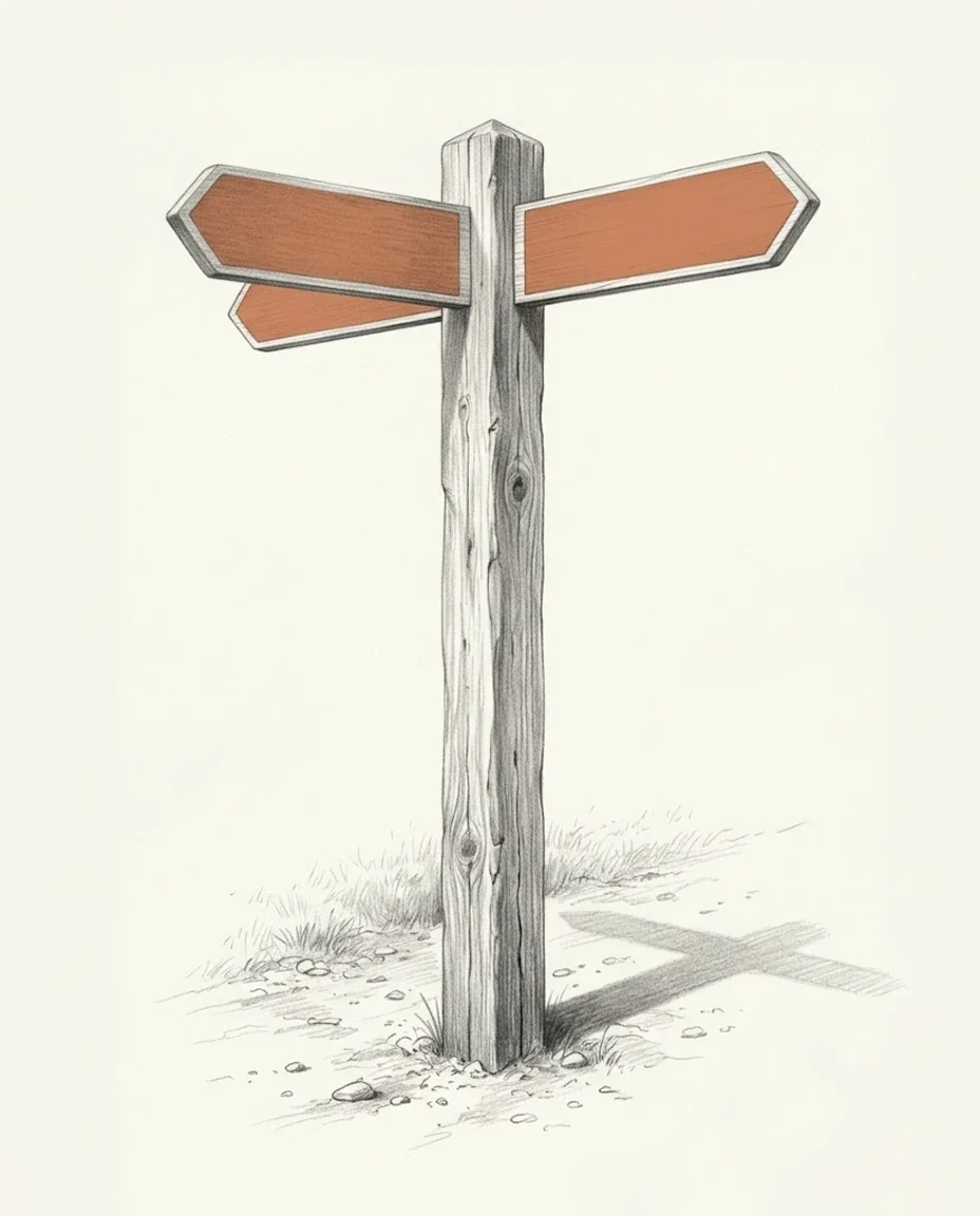 A weathered timber fingerpost at a footpath junction, its clay red arms planed smooth and left unlettered, drawn in graphite.