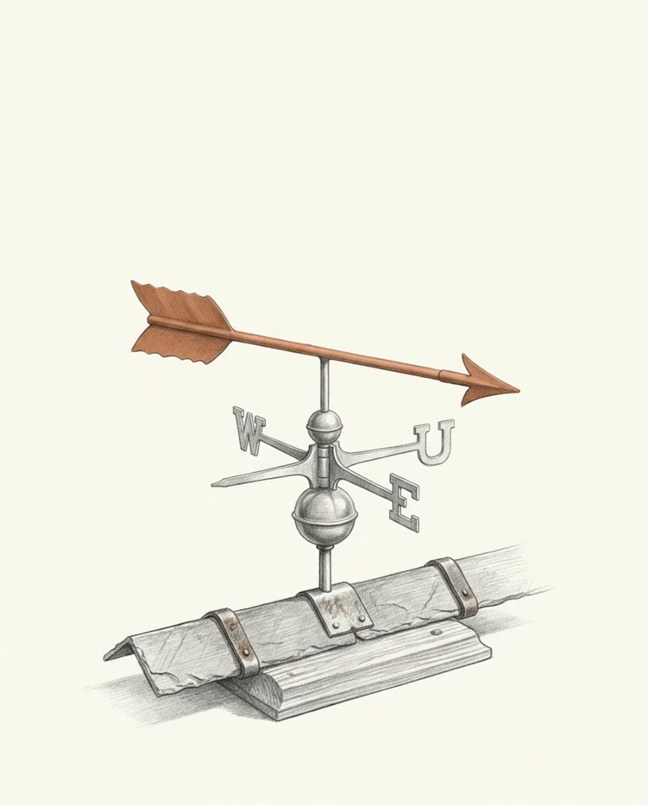 A weathervane on a slate ridge with one arm of its cardinal ring removed, a clay red arrow swung across the arms that remain, drawn in graphite.