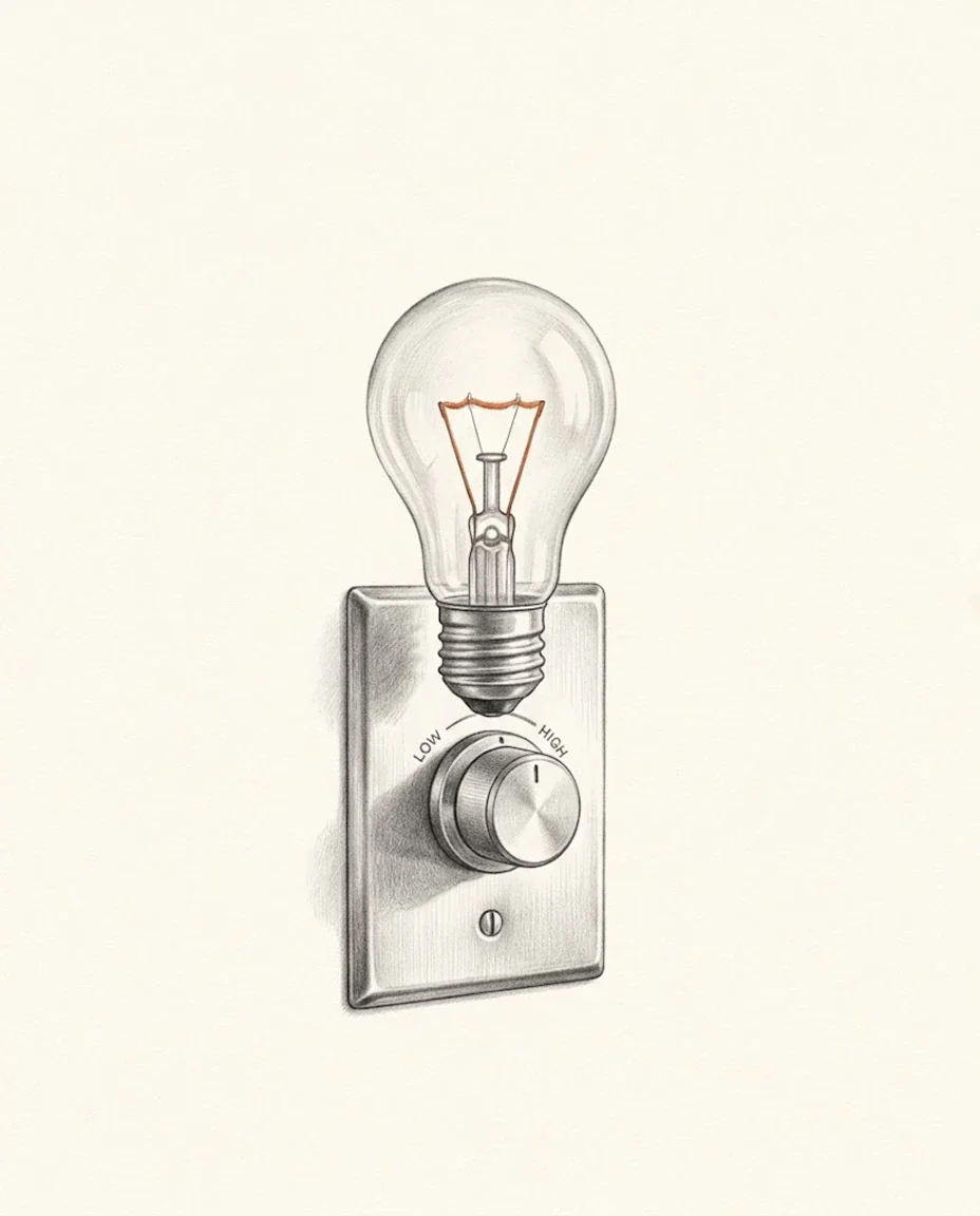A dimmer knob on a wall plate turned low, the clay red filament of a single bulb barely glowing above it, drawn in graphite.