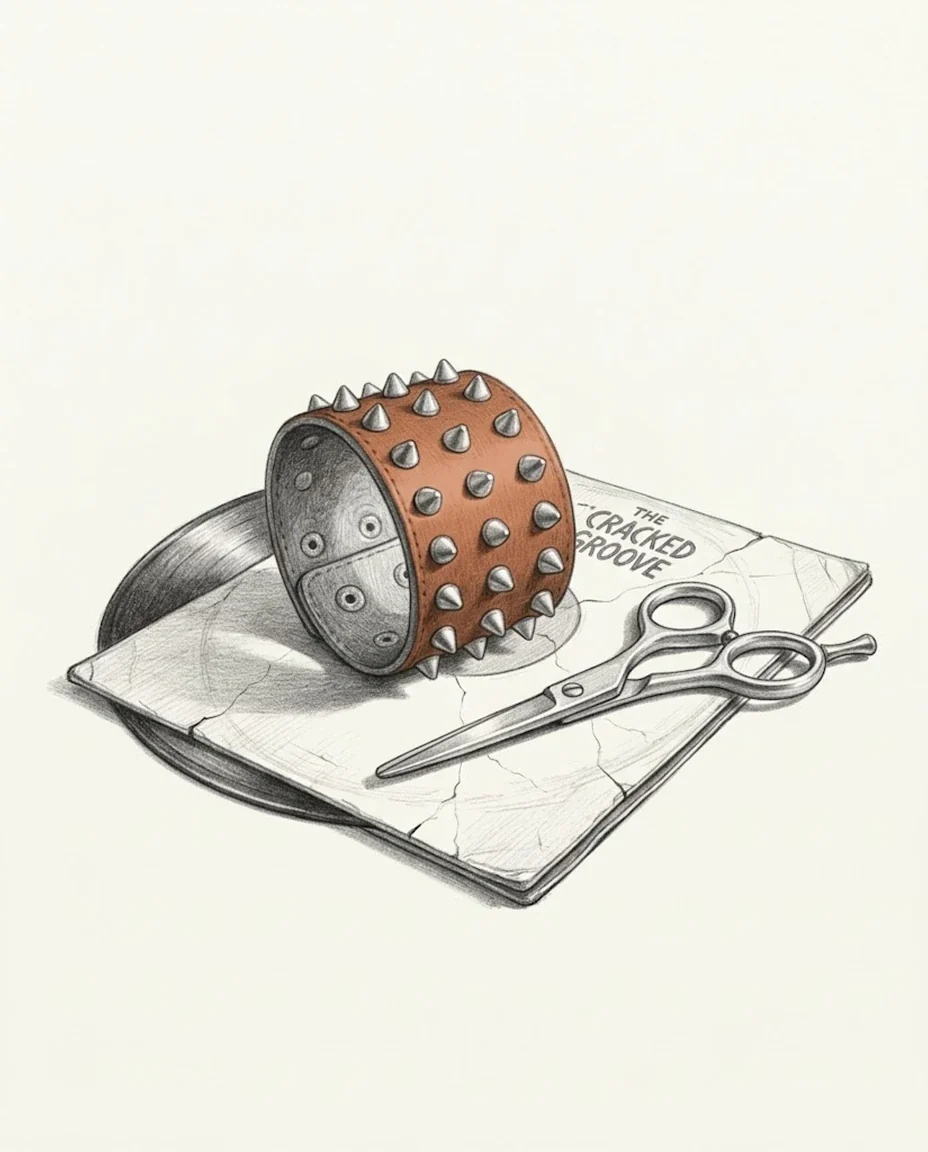 A studded clay red leather cuff and blunt hairdressing scissors lying on a cracked vinyl record sleeve with the vinyl edge showing, drawn in graphite.