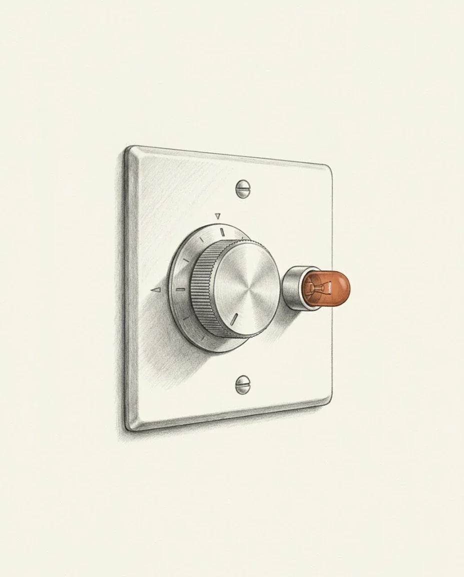 A dimmer switch on a wall plate turned most of the way down, the small clay red bulb beside it barely glowing, drawn in graphite.