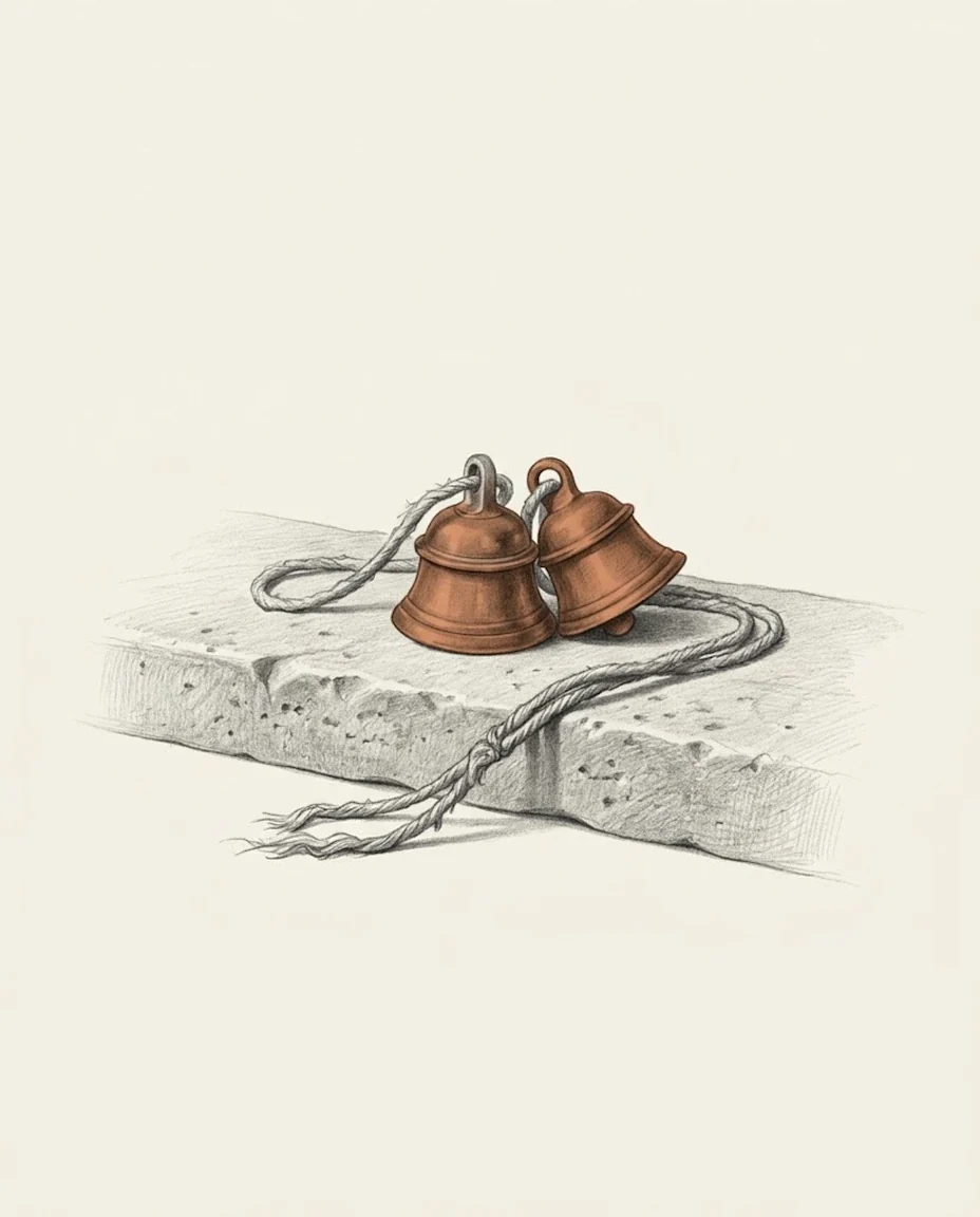 A pair of clay red ankle bells on a worn cord, laid across the threshold stone of a doorway, drawn in graphite.