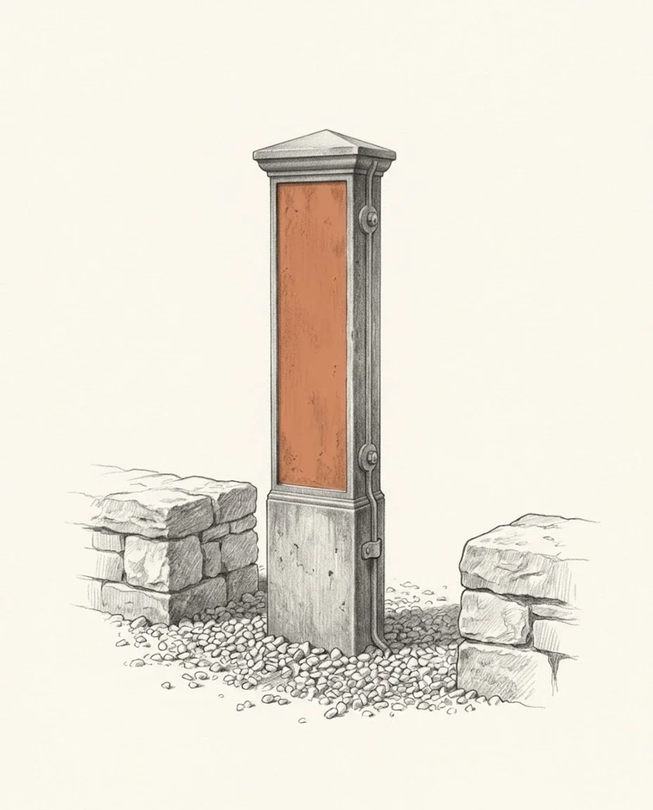 A cast iron boundary marker post standing in gravel between two low stone walls, its blank face clay red, drawn in graphite.
