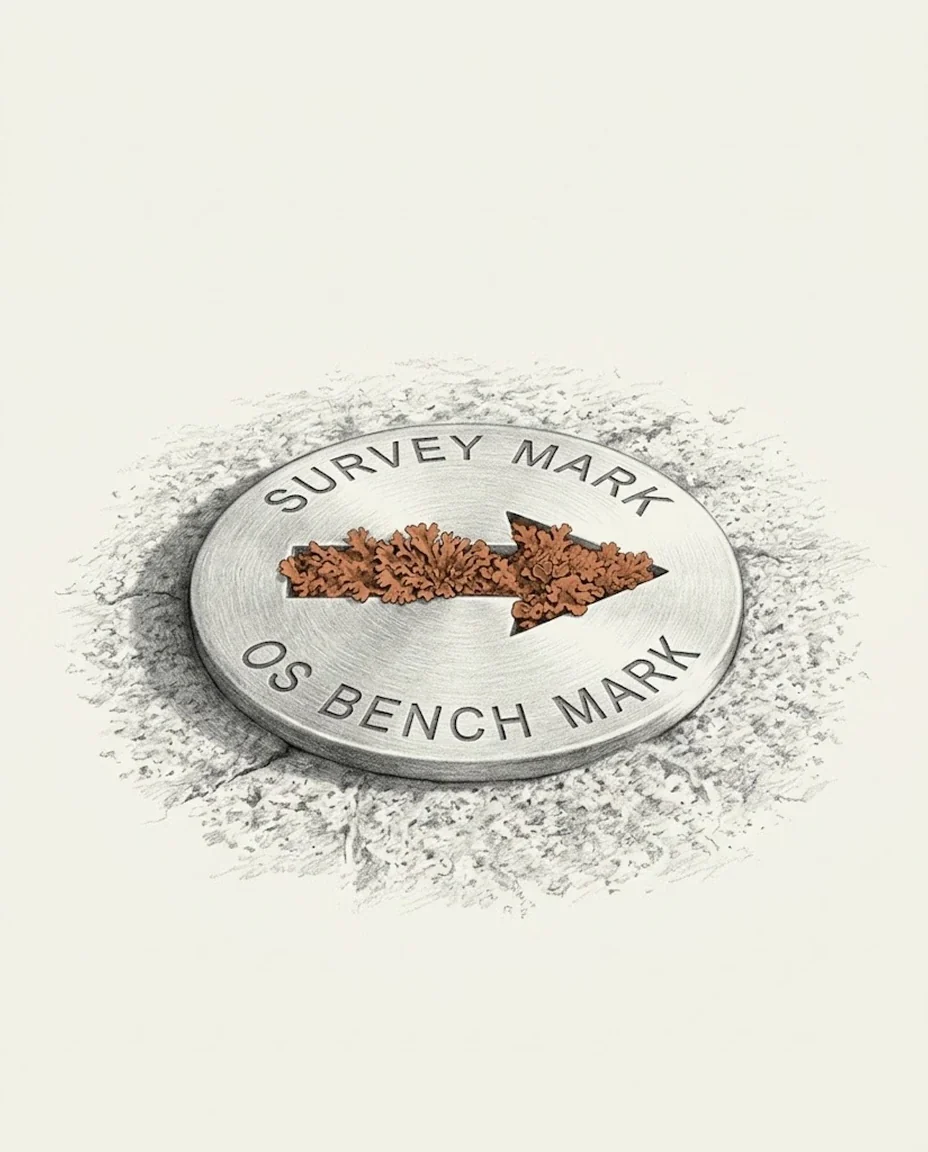 A survey benchmark disc set flush into a granite kerbstone, its cut arrow filled with clay red lichen, drawn in graphite.
