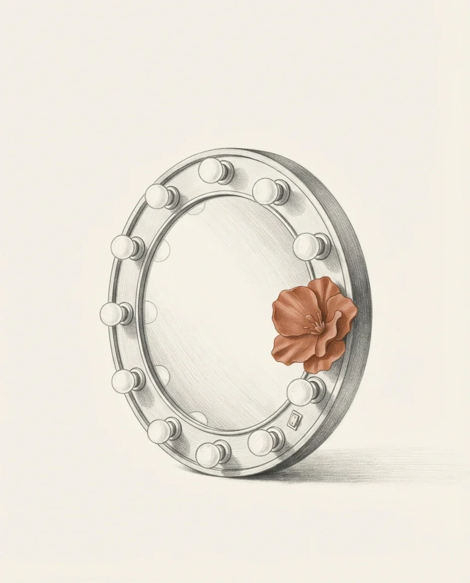 A round dressing-room mirror ringed with bulbs standing on its edge, a single flower in clay red tucked against its frame, drawn in graphite.