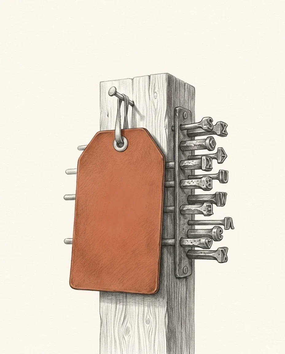 A blank clay red leather tag hanging from a nail on a workshop post, beside a rack of iron branding irons, drawn in graphite.