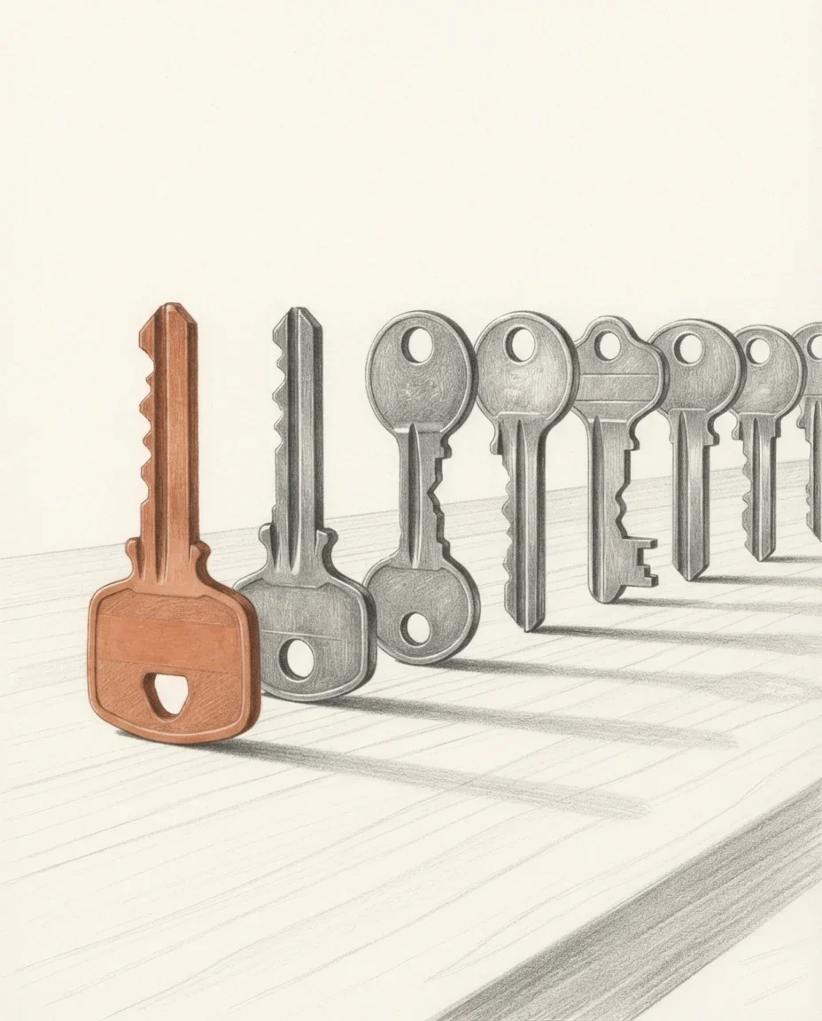 Several keys standing in a row on a workbench, all cut for the same lock by different hands, the one at the near end in clay red, drawn in graphite.
