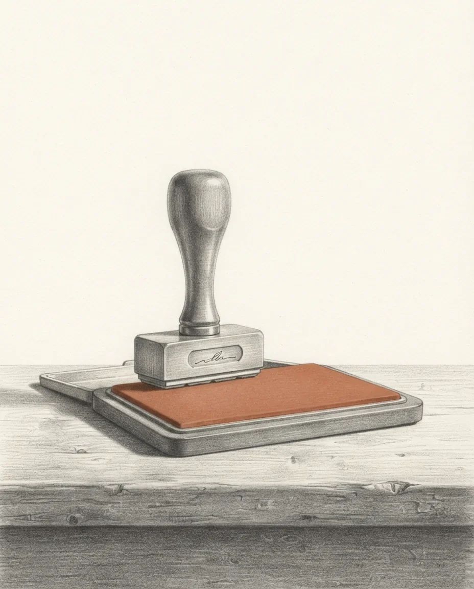 An office stamp standing upright on a shallow ink pad in clay red on a worn wooden desk, drawn in graphite.