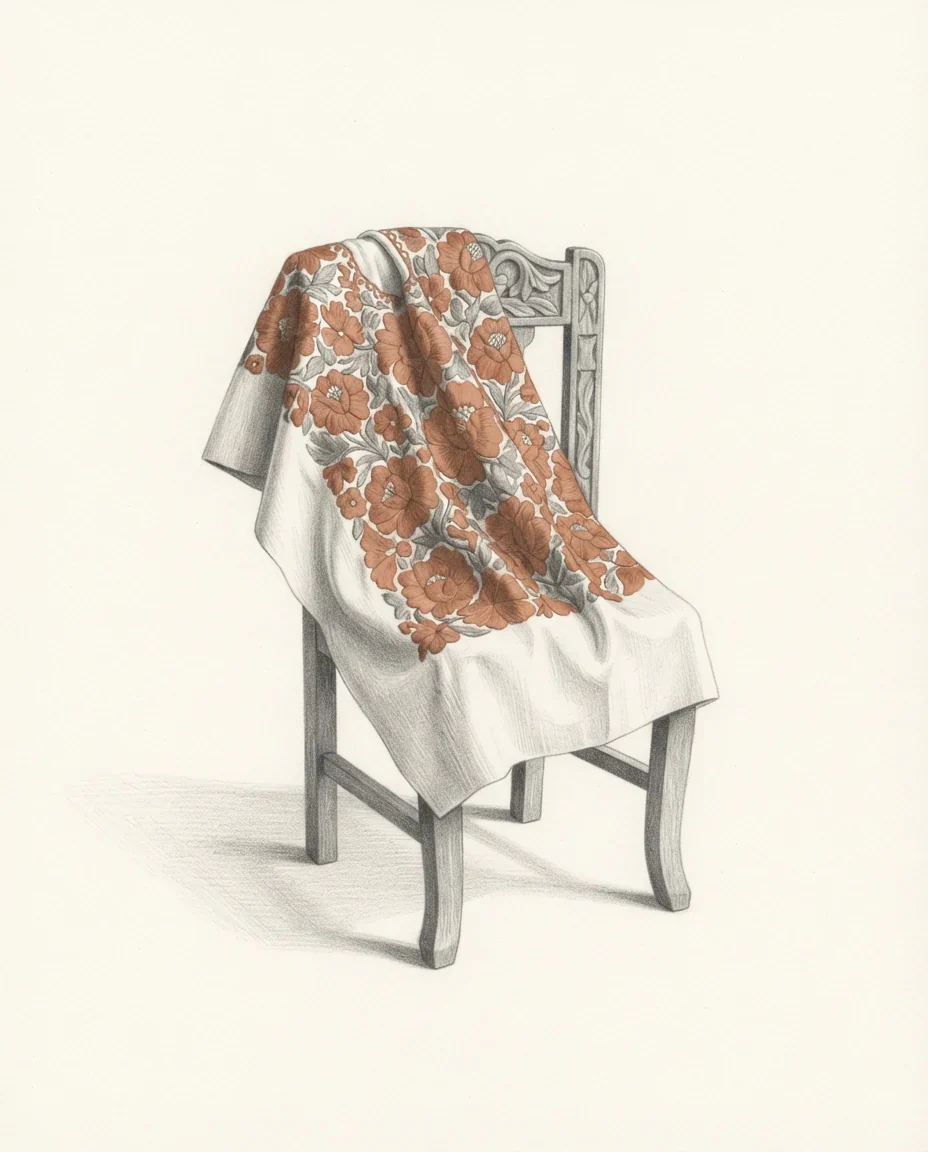 An embroidered Tehuana huipil folded over the carved back of a wooden chair, its dense floral needlework in clay red, drawn in graphite.