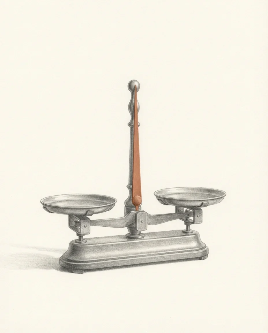 A set of apothecary scales with both pans empty and level, its pointer in clay red resting exactly at centre, drawn in graphite.