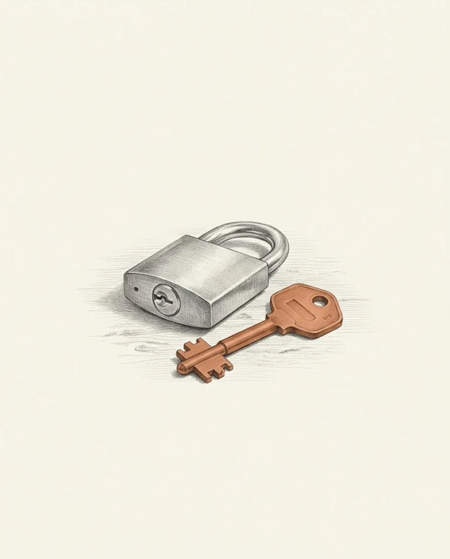 A single clay red key lying on a workbench, cut with two different bits on the same shaft, beside one lock, drawn in graphite.