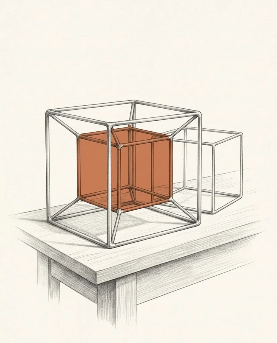 A tesseract frame bent from wire and soldered at the joints, its inner cube clay red, standing on a workbench beside a plain wire cube, drawn in graphite.