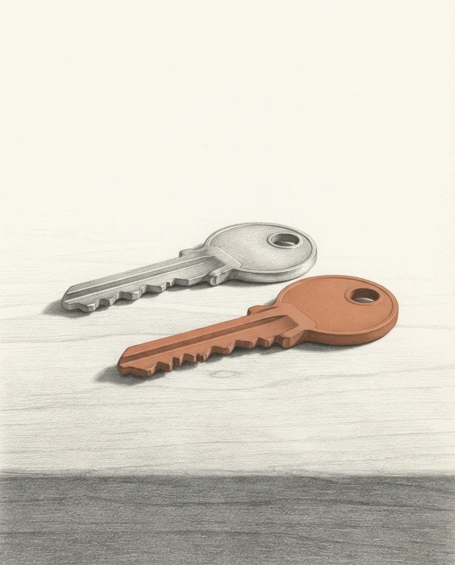 Two keys lying side by side on a workbench, cut almost identically, the nearer key in clay red with one tooth filed differently, drawn in graphite.