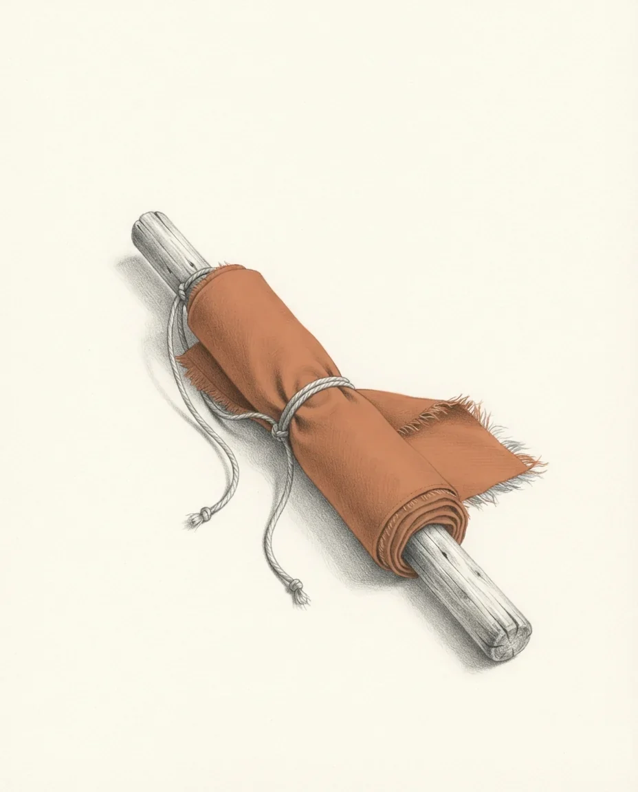 A hand-stitched cotton banner in clay red rolled tightly around a worn wooden pole and tied with cord, the cloth frayed along one edge, drawn in graphite.