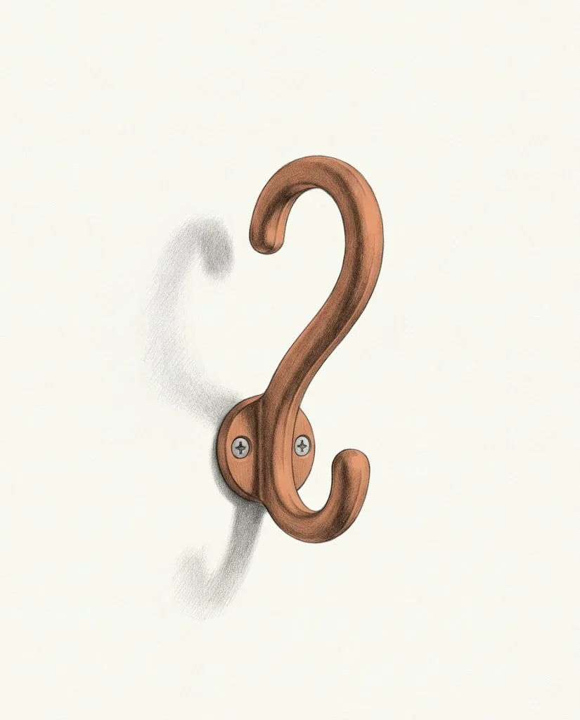 A cast metal coat hook shaped like a question mark, screwed to a plain wall and holding nothing, the hook clay red, drawn in graphite.
