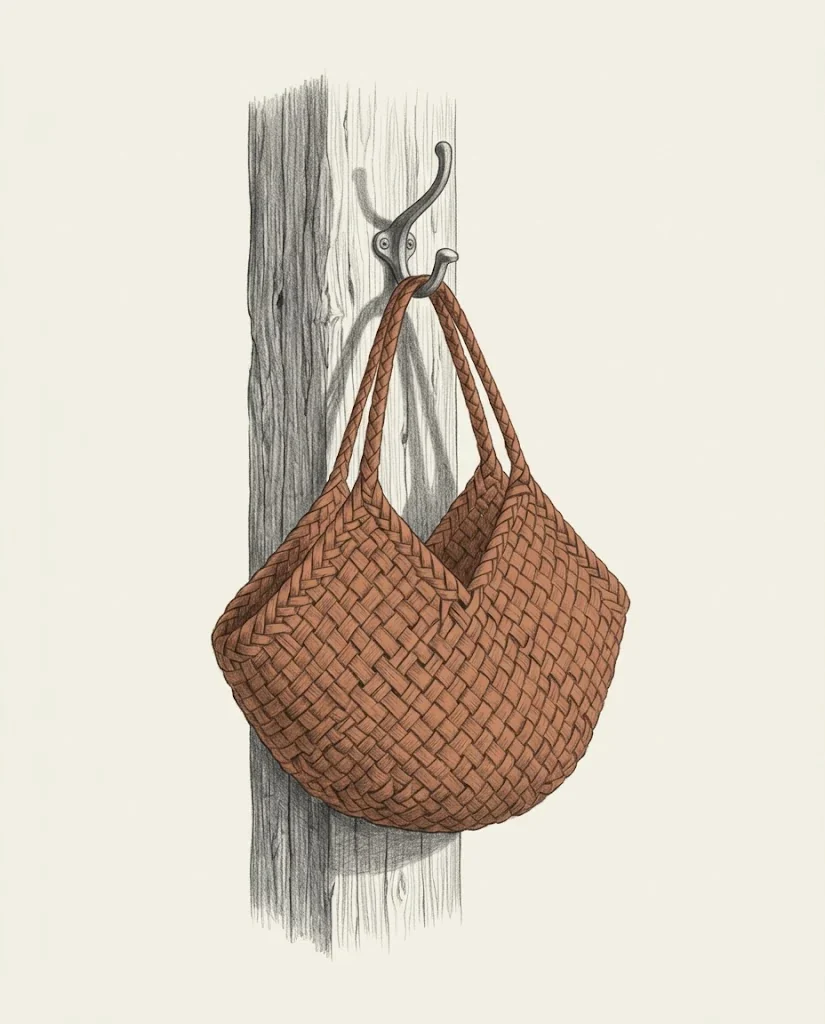 A clay red woven pandanus dilly bag hanging by its straps from a metal hook on a weathered timber verandah post, drawn in graphite.