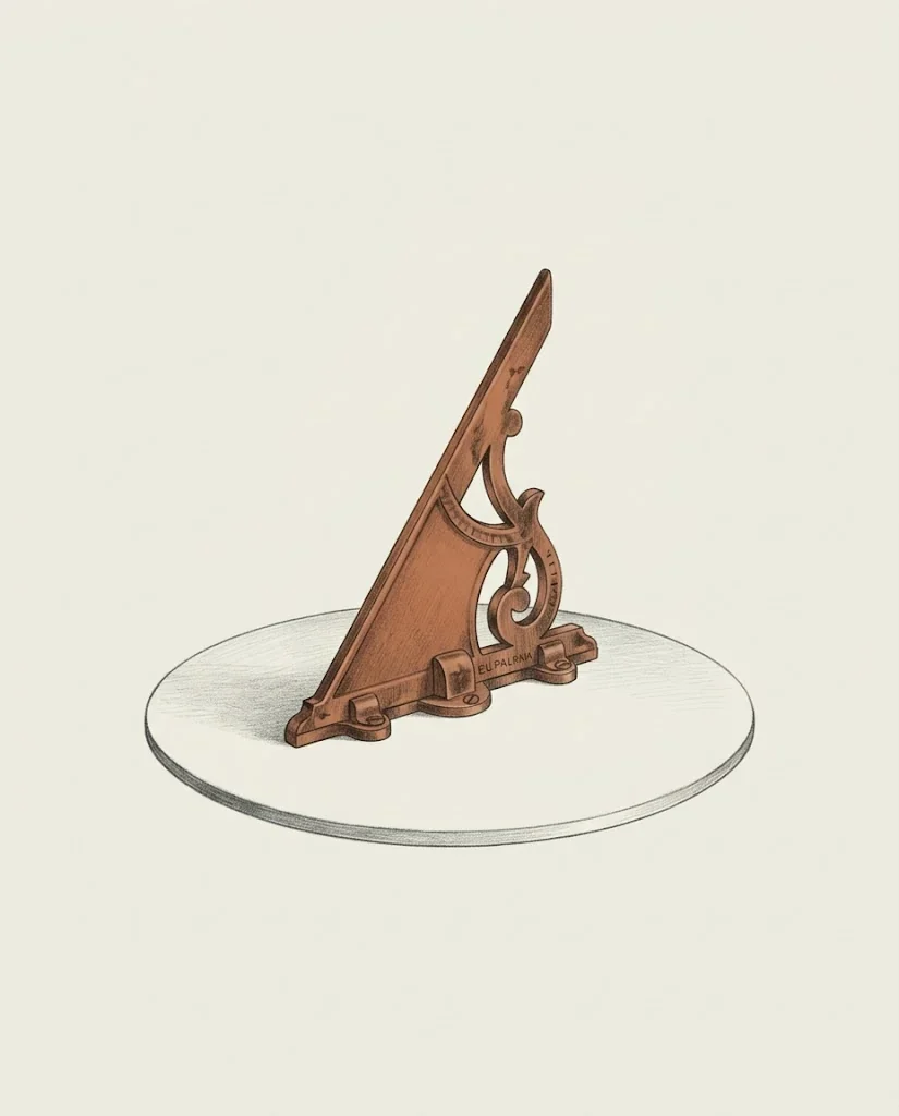 A clay red brass sundial gnomon with a scrolled bracket standing on a plain unmarked dial face and casting no shadow, drawn in graphite.