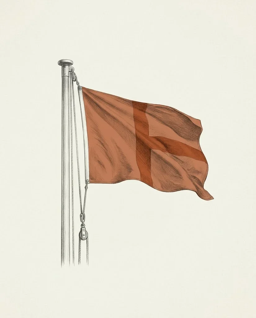 A clay red signal flag with a cross streaming to one side from a short metal mast, its halyard pulled taut through a pulley block, drawn in graphite.