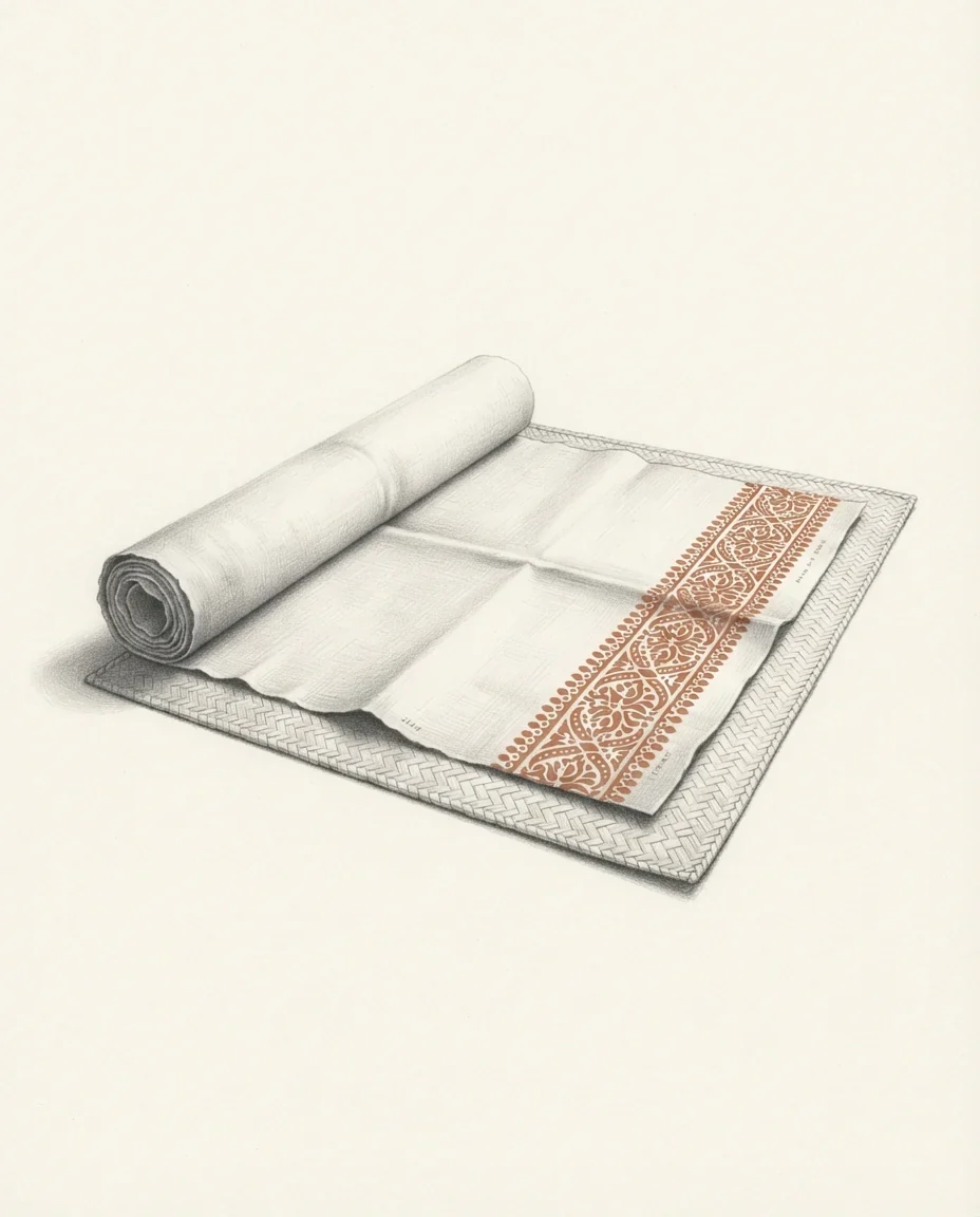 A length of masi barkcloth half unrolled across a woven mat, its stencilled border pattern in clay red running off the edge, drawn in graphite.