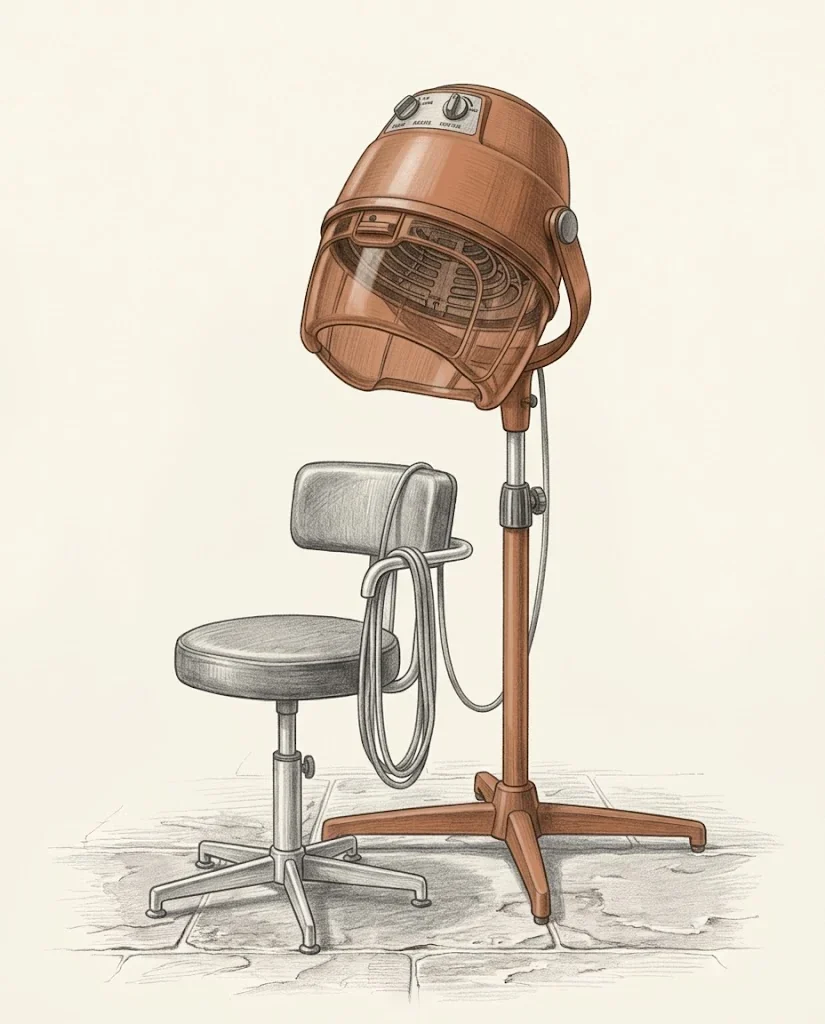 A clay red hooded salon hair dryer on a stand beside a vinyl stool, its cord looped over the stool's back, standing on a flagstone floor, drawn in graphite.
