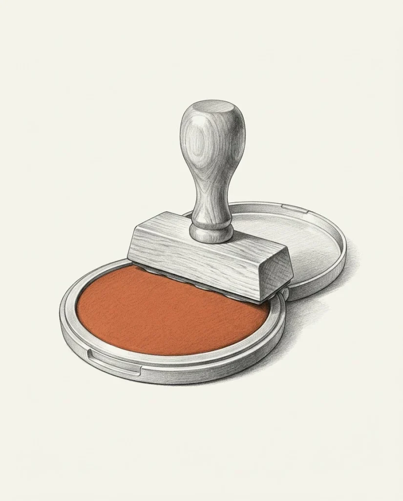 A plain wooden-handled rubber stamp with no writing on it resting across an open ink pad, the pad clay red, drawn in graphite.